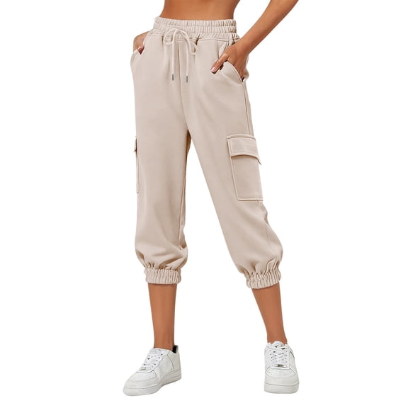 Women's Thin High Waist Cropped Sweatpants, Loose Fit Capri Pants with Side Pockets, Lightweight Comfortable Joggers for Lounge, Travel and Casual Everyday Wear Beige XXXL