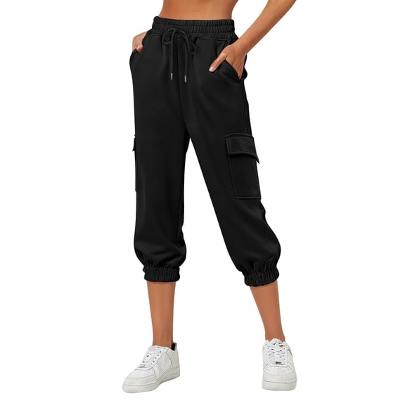 Women's Thin High Waist Cropped Sweatpants, Loose Fit Capri Pants with Side Pockets, Lightweight Comfortable Joggers for Lounge, Travel and Casual Everyday Wear Black XXL