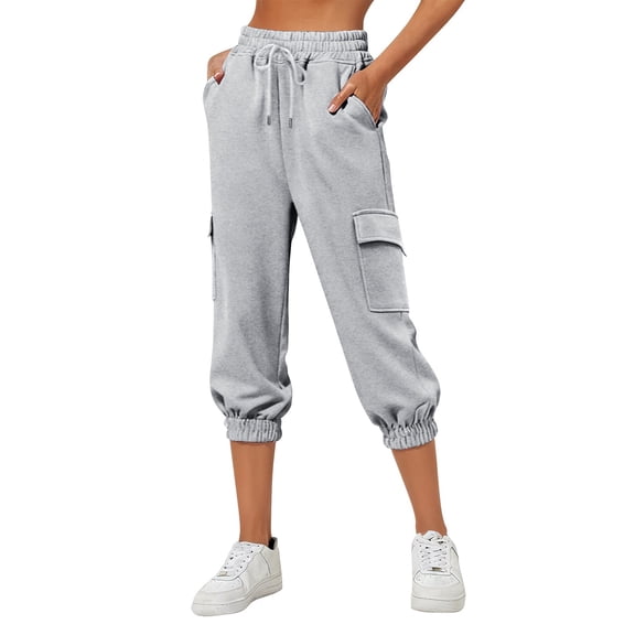 Women's Thin High Waist Cropped Sweatpants, Loose Fit Capri Pants with Side Pockets, Lightweight Comfortable Joggers for Lounge, Travel and Casual Everyday Wear Light Ashy XXXL