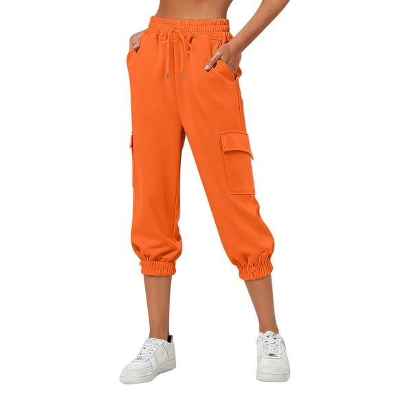 Women's Thin High Waist Cropped Sweatpants, Loose Fit Capri Pants with Side Pockets, Lightweight Comfortable Joggers for Lounge, Travel and Casual Everyday Wear Orange S