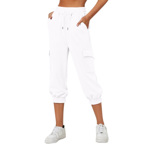 Women's Thin High Waist Cropped Sweatpants, Loose Fit Capri Pants with Side Pockets, Lightweight Comfortable Joggers for Lounge, Travel and Casual Everyday Wear White M