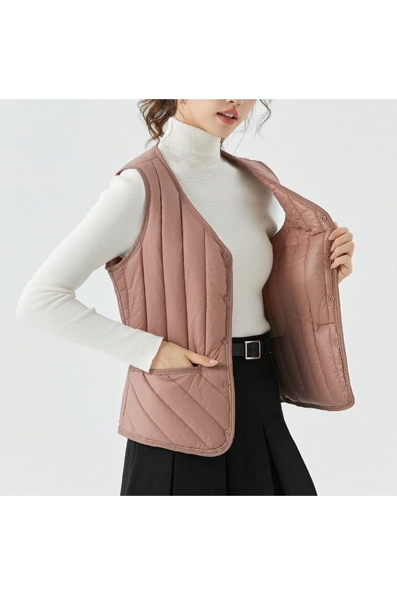 Women's Thin Puffer Vest Solid Padded Sleeveless Button Down V Neck Jacket with Pockets Pink 5XL