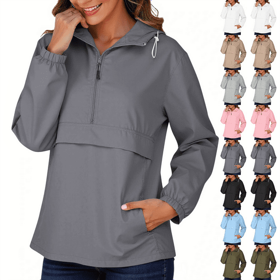 Women's Thin Pullover Rain Jacket Windbreaker Lightweight Raincoat Half Zipper with Hood for Golf Hiking Travel Outdoor