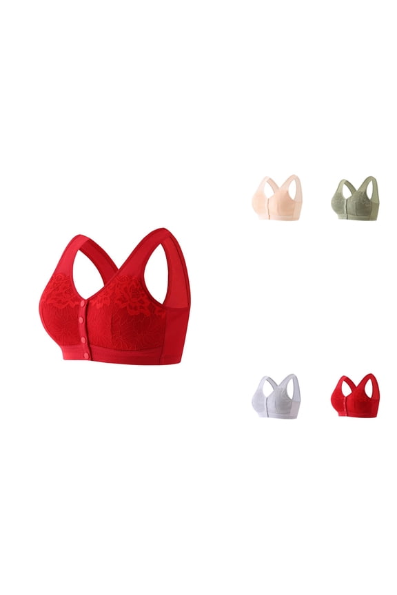 Women's Thin Seamless Soft Support Bra with Fixed Sponge Cups, Front Closure, Full Coverage, Breathable No-Wire Lace Bra for Large Chest and Plus Size