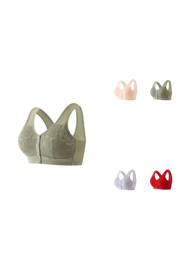 Women's Thin Seamless Soft Support Bra with Fixed Sponge Cups, Front Closure, Full Coverage, Breathable No-Wire Lace Bra for Large Chest and Plus Size