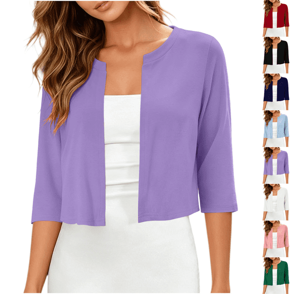Women's Thin Shrugs 3/4 Sleeve Lightweight Cropped Sweaters Open Front Cardigan for Dress Purple XL