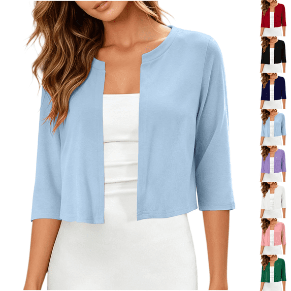 Women's Thin Shrugs 3/4 Sleeve Lightweight Cropped Sweaters Open Front Cardigan for Dress Sky Blue S