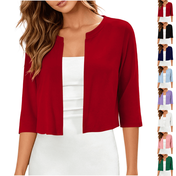 Women's Thin Shrugs 3/4 Sleeve Lightweight Cropped Sweaters Open Front Cardigan for Dress Wine S