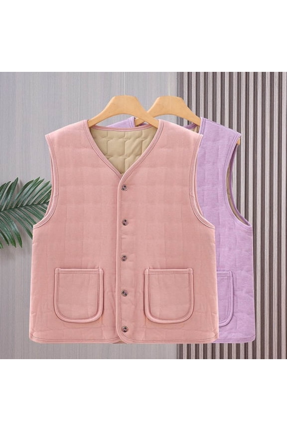 Women's Thin Warm Velvet Sleeveless V-Neck Vest Jacket Top with Inner Layer, Solid Color Thermal Lined Outerwear for Winter Holiday Casual Fashion | CSEONE,Pink L