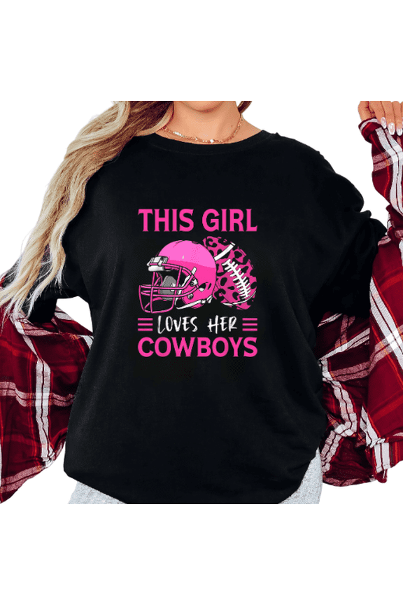 Women's This Girl Loves Her Cowboys Pink Football Helmet Team Graphic Comfortable Short Sleeve Round Neck Top Black S-5XL