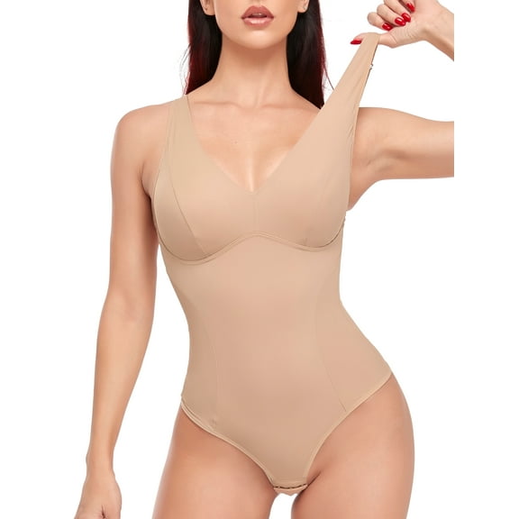 Women's Thong Bodysuit Shapewear V Neck Fajas Waist Trainer Tummy Control Jumpsuit Tops Leotard Vest