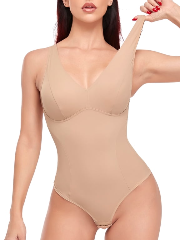 Women's Thong Bodysuit Shapewear V Neck Fajas Waist Trainer Tummy Control Jumpsuit Tops Leotard Vest
