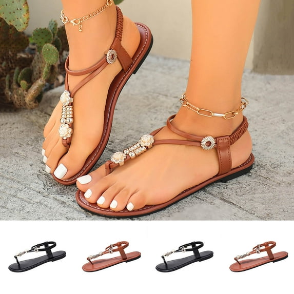 Women's Thong Flat Sandals Beaded Decor Open Toe Casual Summer Shoes with Elastic Ankle Strap Soft Sole Non Slip Comfortable Beach Sandals for Women Plus Size Available