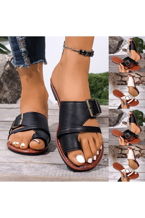 Women's Thong Flat Sandals Toe Loop Design Casual Summer Shoes with Adjustable Buckle Strap Retro Beach Sandals Non Slip Comfortable Walking Sandals for Women Plus Size Available