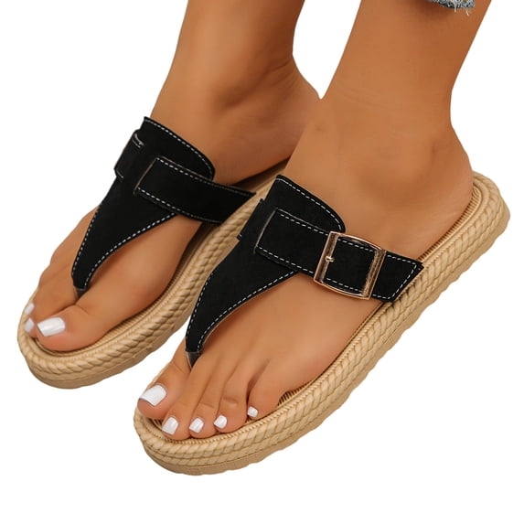Women's Thong Sandals Casual Slip on Flat Slides Open Toe Trendy Buckle Lightweight Summer Beach Shoes with Ankle Strap Black Size 9