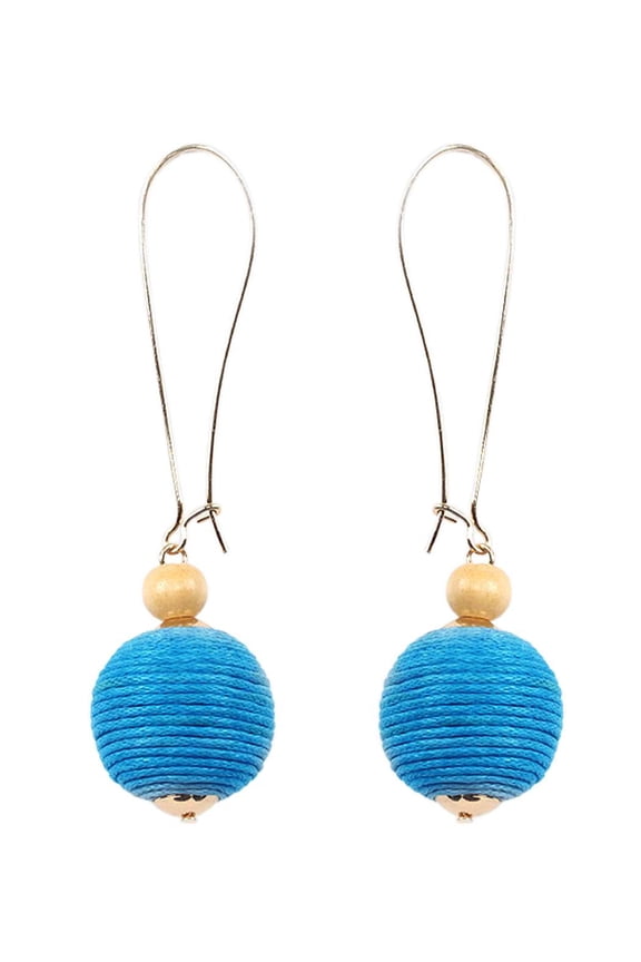 Women's Thread Lantern Ball Dangle Wood Bead Fashion Pierced Earrings, Blue/Gold-Tone