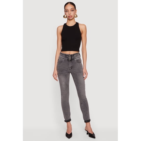 Women's Three Button Frayed Waistband Rolled Cuff Skinny Jeans