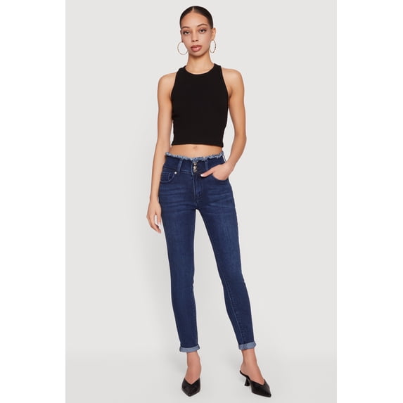 Women's Three Button Frayed Waistband Rolled Cuff Skinny Jeans