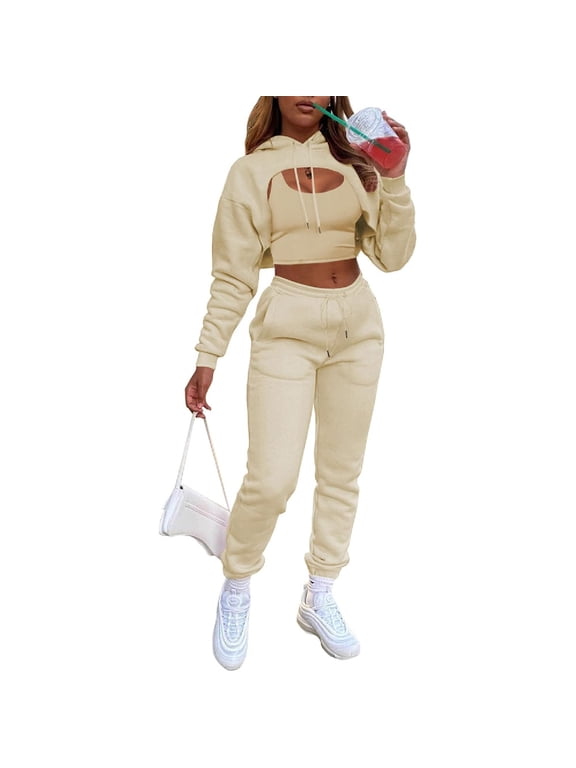 Women's Three-Piece Sportswear Set: Sexy Long-Sleeve Pullover Hoodie, Short Vest Top, Casual Pants Sports Set