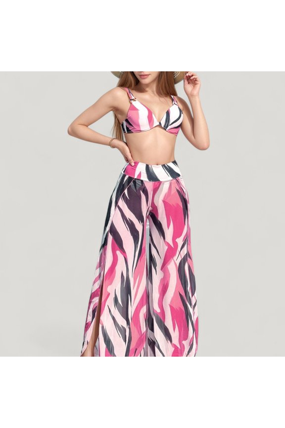 Women's Three-Piece Swimsuit Set with Bikini Top High Waist Bottom and Sheer Abstract Print Wide Leg Pants - Large, Pink