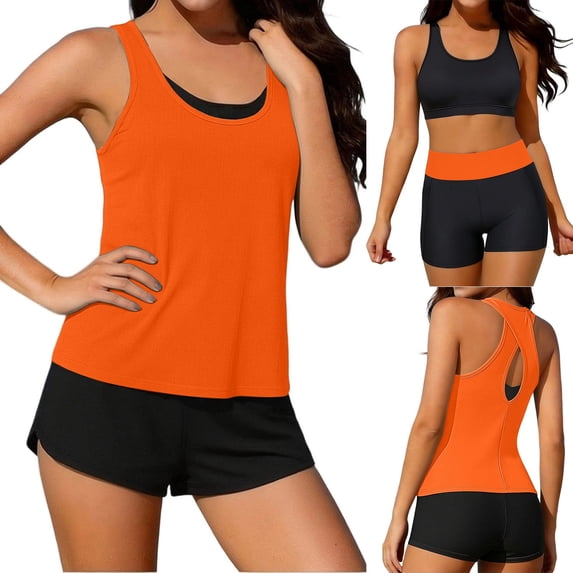 Women's Three Piece Tankini Swimsuit Set Beach Pool Swimwear Orange L