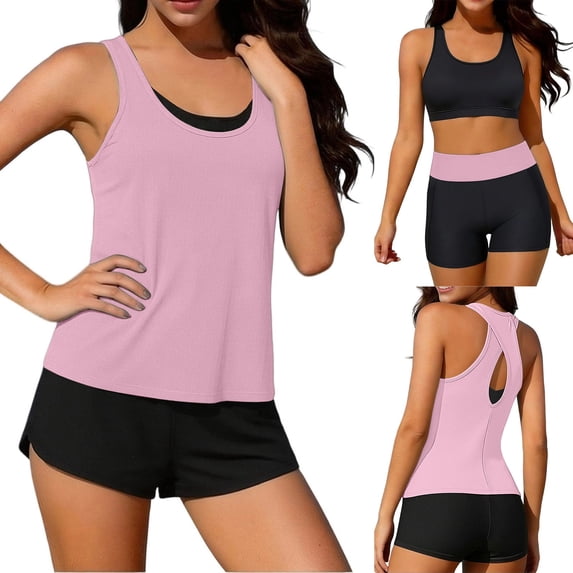 Women's Three Piece Tankini Swimsuit Set Beach Pool Swimwear Pink M