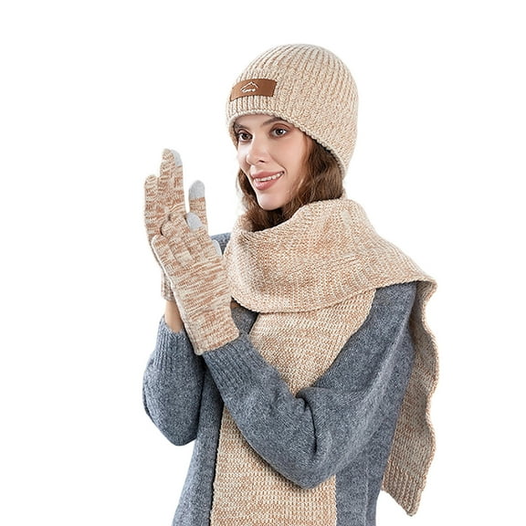 Women's Three Piece Warm Cold Weather Set Long Scarf Solid Knitted Beanie Fleece Lined Touchscreen Gloves Beige Free Size
