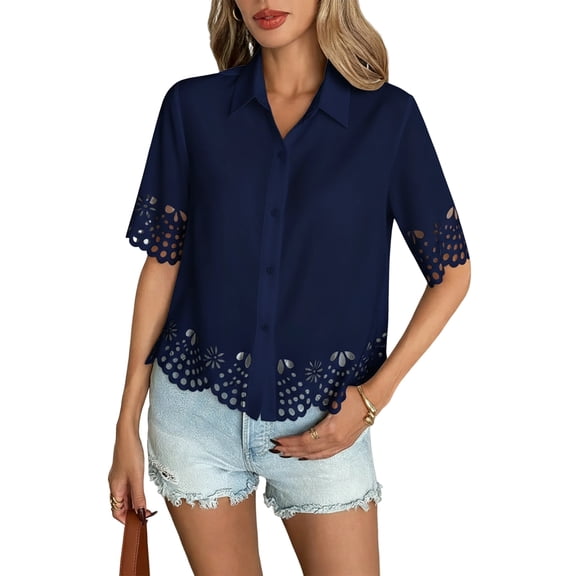 Women's Three-Quarter Bell Sleeve Button Down Shirts Casual Ruffle Hem Tops Eyelet Blouse L
