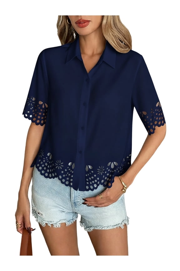 Women's Three-Quarter Bell Sleeve Button Down Shirts Casual Ruffle Hem Tops Eyelet Blouse L