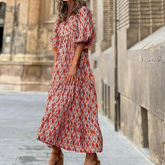 Women's Three Quarter Sleeve Casual Maxi Dress Bohemian Floral V-Neck Puff Short Sleeve Beach Tiered Sundress Long Dress