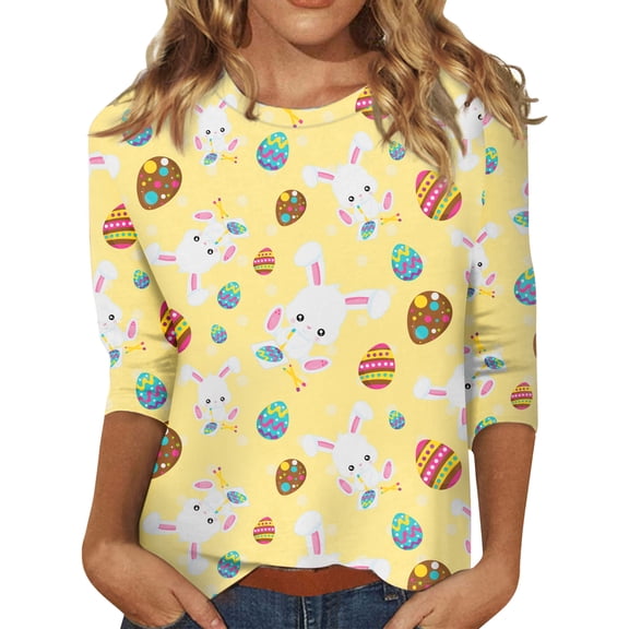 Women's Three-Quarter Sleeve Easter Striped Shirt Round Neck Loose-Fit Casual Shirt - Striped Holiday Top, Spring Fashion, Comfortable Wear, Versatile Blouse for Women,Hot Pink,S