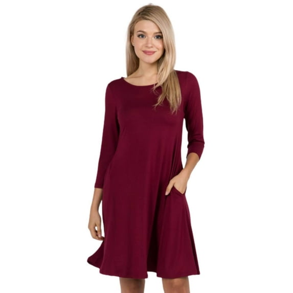 Women's Three-Quarter Sleeve Swing Dress,Burgundy, S