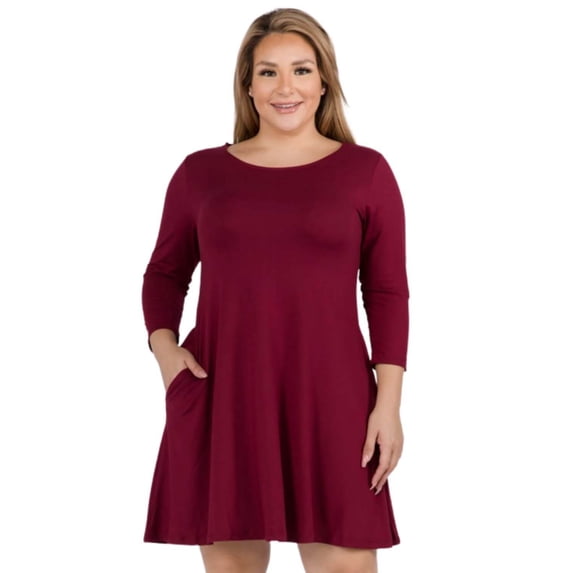 Women's Three-Quarter Sleeve Swing Dress - Plus Size, Burgundy, 3XL