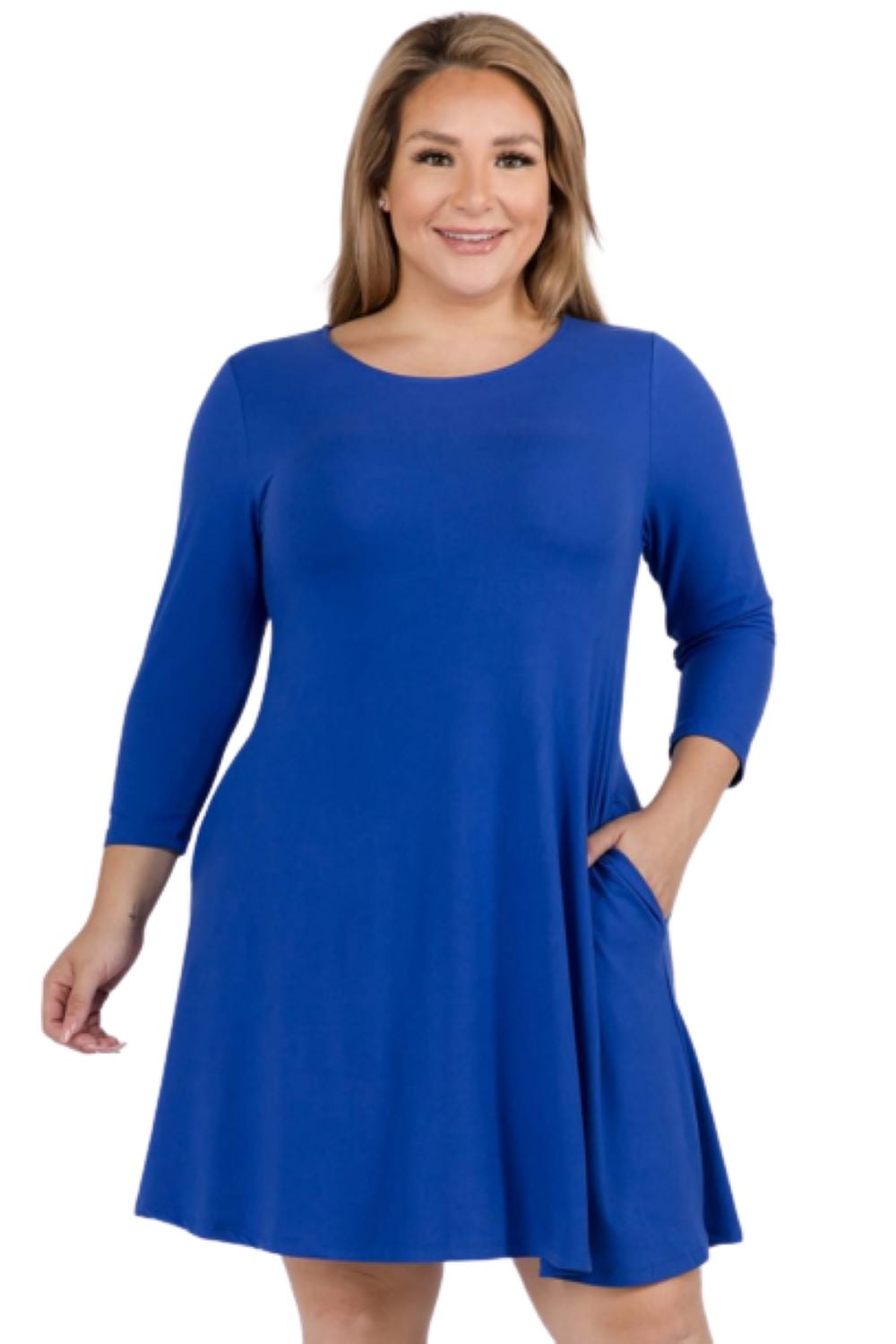 Women's Three-Quarter Sleeve Swing Dress - Plus Size, ROYAL BLUE, 3XL -  Walmart.com