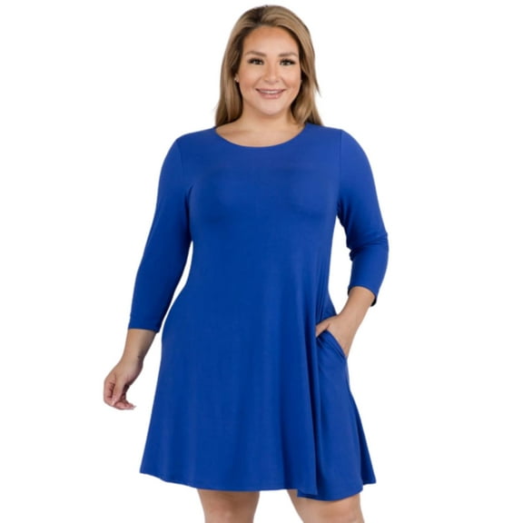 Women's Three-Quarter Sleeve Swing Dress - Plus Size, ROYAL BLUE, 3XL