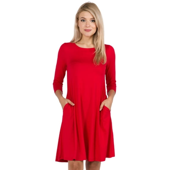 Women's Three-Quarter Sleeve Swing Dress, Red, L