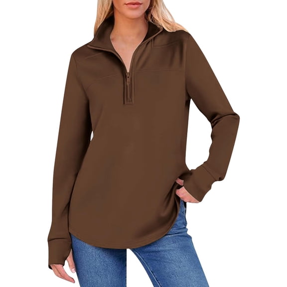 Women's Thumb Hole Solid Color Blouses Long Sleeve Knit Half Zip Up Oversize Sweatshirt Casual Oversized Pullover Tops (M, Coffee)