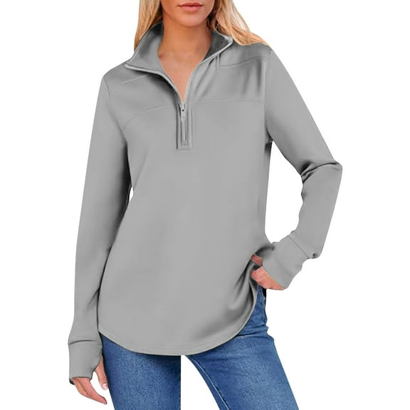 Women's Thumb Hole Solid Color Blouses Long Sleeve Knit Half Zip Up Oversize Sweatshirt Casual Oversized Pullover Tops (XL, Gray)