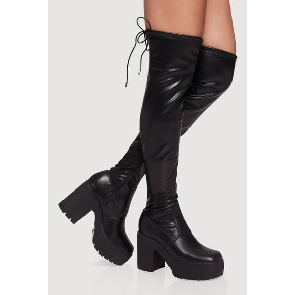 Women's Tie Back Chunky Heel Over The Knee Platform Boots