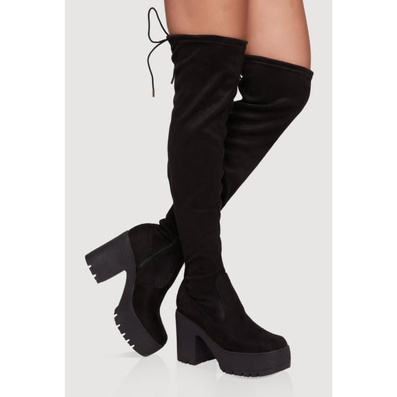 Women's Tie Back Chunky Heel Over The Knee Platform Boots