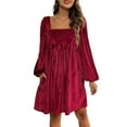thumbnail image 1 of Women's Tie Back Square Neck Velvet B`abydoll Dresses Puff Long Sleeve Short Mini Dress, 1 of 8