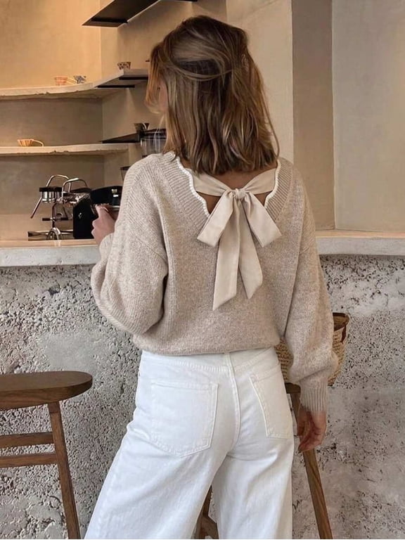 Women's Tie Back Sweater, Drop Shoulder Long Sleeve Loose Fit Top, Fitted Bow Tie Back Pullover for Commute and Daily Wear