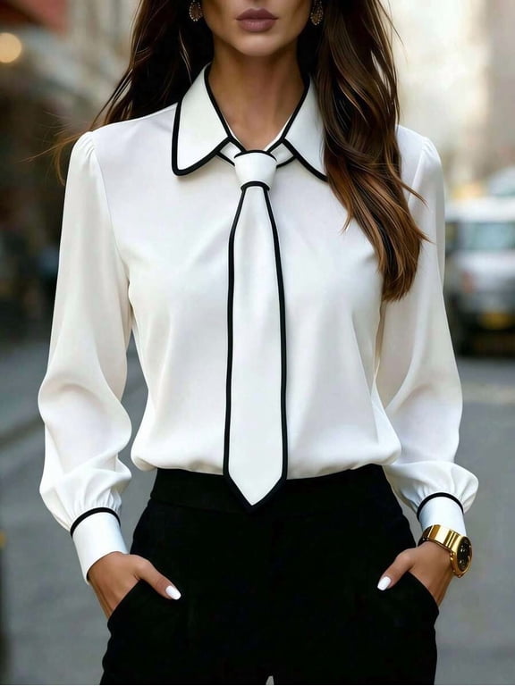 Women's Tie Detail Button Down Collared Shirt, Point Collar Long Sleeve Blouse, Regular Fit Curved Hem Top, Business Casual Work Office Wear