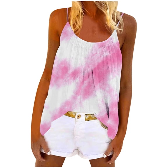 Women's Tie Dye Camisole Tops Pleated Scoop Neck Spaghetti Strap Flowy Tee Tunics Loose Beach Summer Fashion Blouse S-3X (3XL, Pink|Tie-dye)