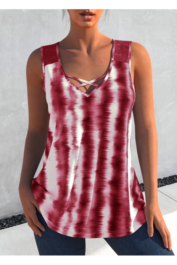 Women's Tie-Dye Crisscross Neck Tank Top Sleeveless Casual Tunic Lace Back Detail Loose A-Line Summer Basic Tee Plus Size Bohemian Top