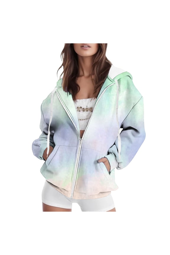 Women's Tie-Dye Front Zip Hoodie Long Sleeve Zip Up Top with Pockets Casual Cozy Everyday Wear