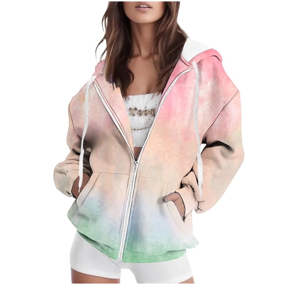 Women's Tie-Dye Front Zip Hoodie Long Sleeve Zip Up Top with Pockets Casual Cozy Everyday Wear