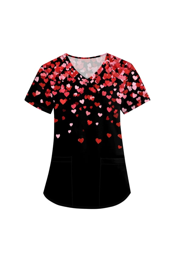 Women's Tie Dye Heart Print Scrub Top V Neck Short Sleeve Stretch Medical Nursing Uniform With Pockets Romantic Red Pink Pattern Comfortable Workwear Tunic Top
