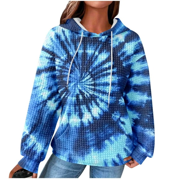 Women's Tie Dye Hoodies Pullover Oversized Sweatshirt Trendy Casual 2025 Fall Winter Waffle Tunic Tops with Pocket