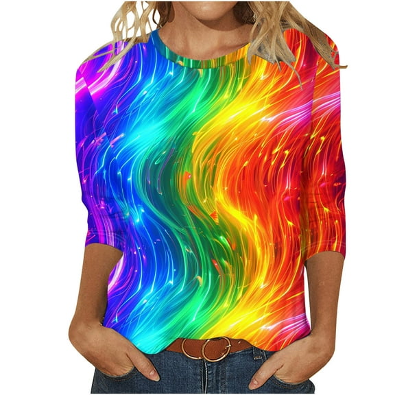 Women's Tie Dye Ombre Spring Elegant Shirts Summer Clothes for Teen Girls Vintage Dressy Casual Tops Round Neck Blouse Fashion 2024 3/4 Sleeve Loose Fit Flowy Tunic Tops Multicolor T Shirts S